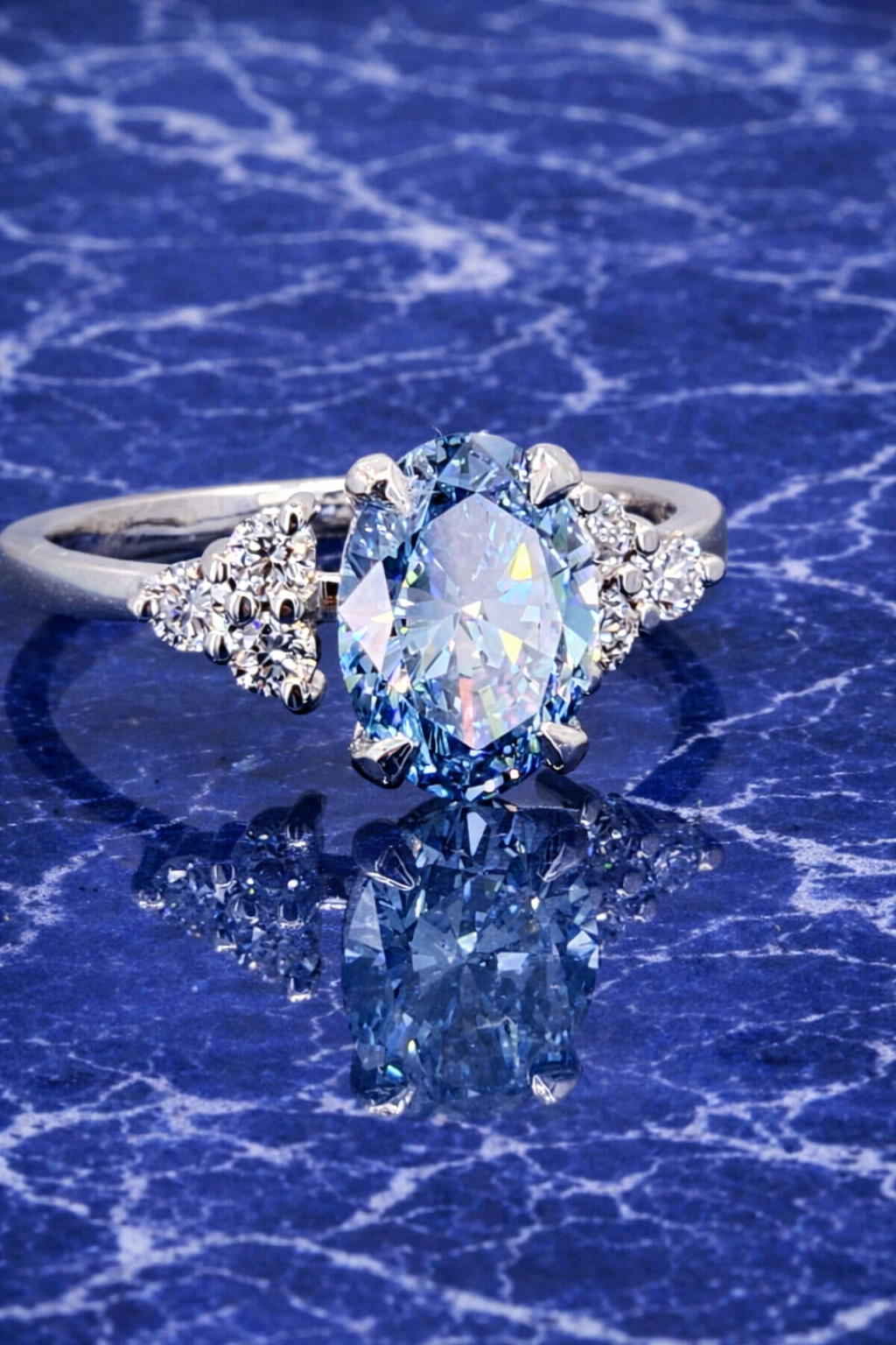 Blue Oval Lab Grown Diamond Ring